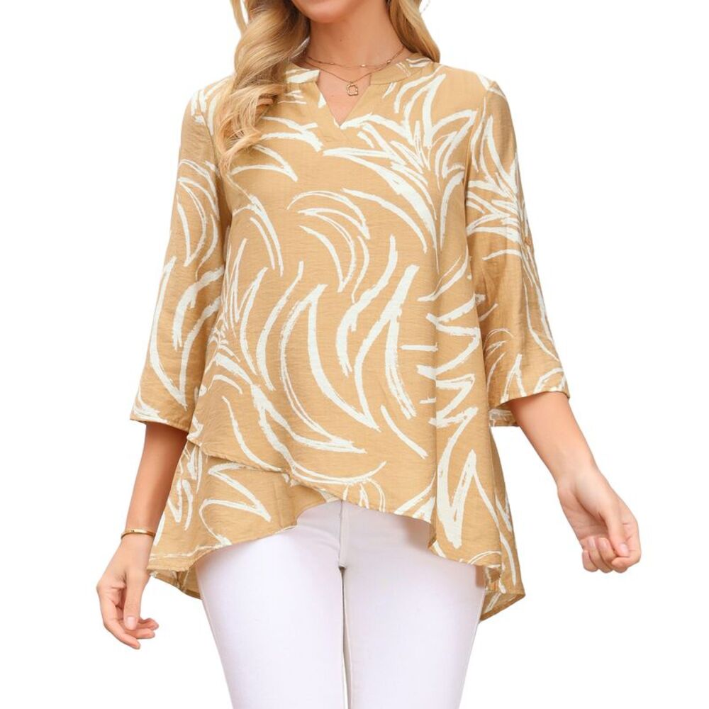 Womens High Low Tops 3/4 Sleeve Dressy Loose Casual Tunic Blouse Khaki